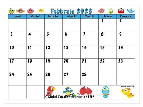 Calendario febbraio 2025 “483”. Orario da stampare gratuito.. Da lunedì a domenica