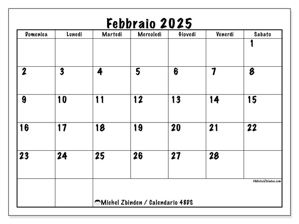 Calendario febbraio 2025 “48”. Orario da stampare gratuito.. Da domenica a sabato
