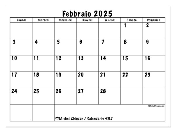 Calendario febbraio 2025 “48”. Orario da stampare gratuito.. Da lunedì a domenica