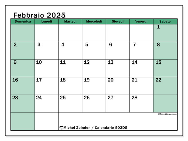 Calendario febbraio 2025 “503”. Piano da stampare gratuito.. Da domenica a sabato