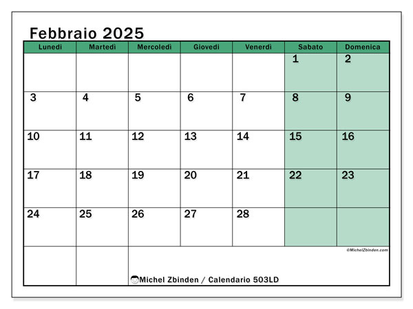 Calendario da stampare, febbraio 2025, 503LD