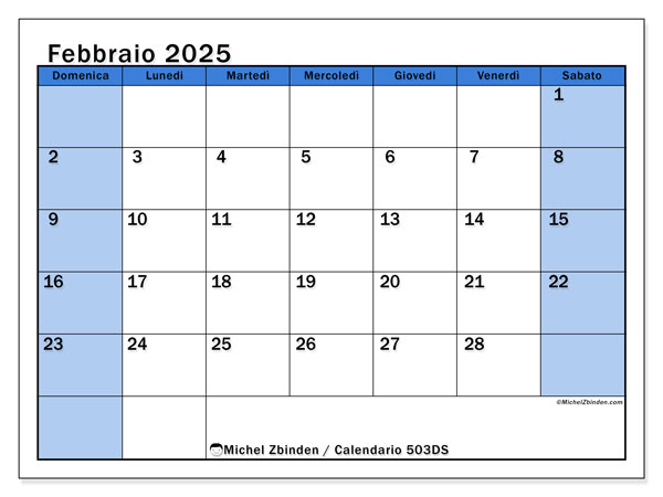 Calendario febbraio 2025 “504”. Calendario da stampare gratuito.. Da domenica a sabato