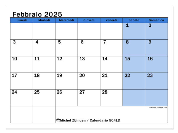 Calendario febbraio 2025 “504”. Calendario da stampare gratuito.. Da lunedì a domenica