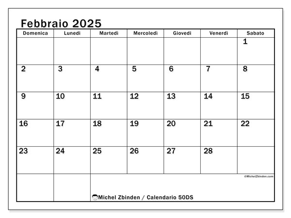 Calendario febbraio 2025 “50”. Programma da stampare gratuito.. Da domenica a sabato