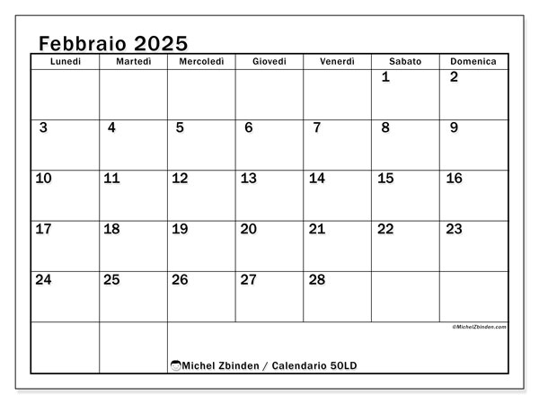Calendario febbraio 2025 “50”. Programma da stampare gratuito.. Da lunedì a domenica