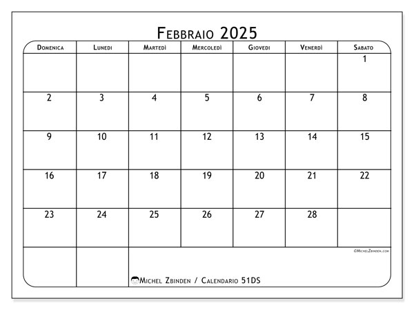 Calendario febbraio 2025 “51”. Calendario da stampare gratuito.. Da domenica a sabato