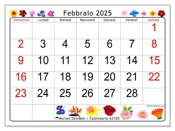 Calendario febbraio 2025 “621”. Programma da stampare gratuito.. Da domenica a sabato