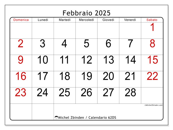 Calendario febbraio 2025 “62”. Programma da stampare gratuito.. Da domenica a sabato