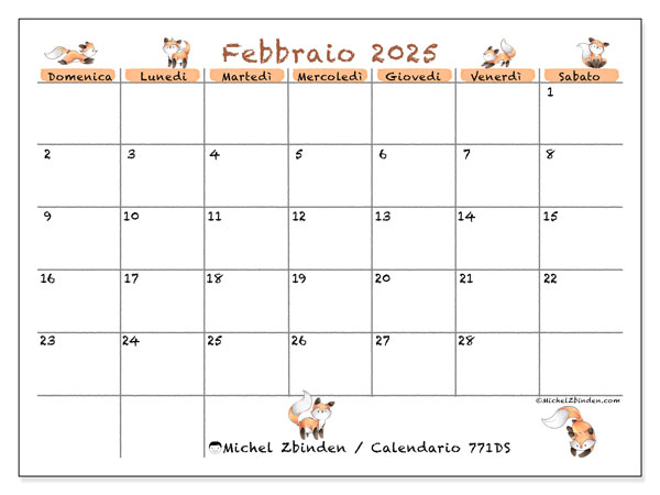 Calendario febbraio 2025 “771”. Orario da stampare gratuito.. Da domenica a sabato
