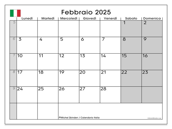 Calendario febbraio 2025 “Italia”. Orario da stampare gratuito.. Da lunedì a domenica