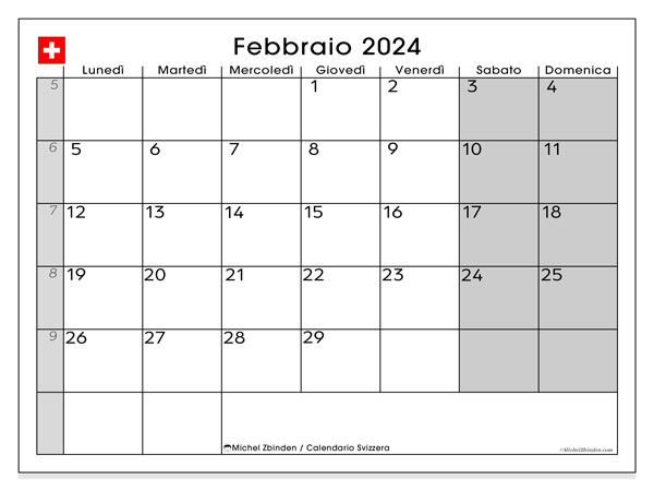 Calendario febbraio 2025 “Svizzera”. Orario da stampare gratuito.. Da lunedì a domenica