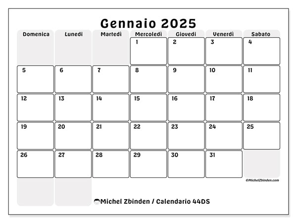 Calendario gennaio 2025, 44DS. Piano da stampare gratuito.