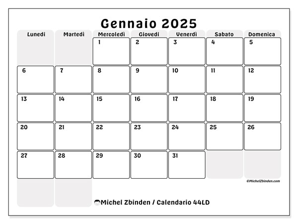 Calendario gennaio 2025 “44”. Calendario da stampare gratuito.. Da lunedì a domenica