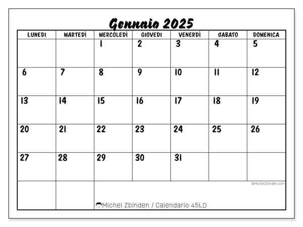 Calendario gennaio 2025 “45”. Calendario da stampare gratuito.. Da lunedì a domenica