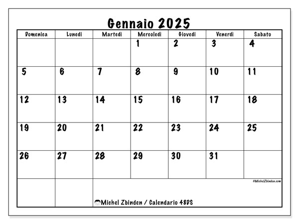 Calendario gennaio 2025, 48DS. Piano da stampare gratuito.