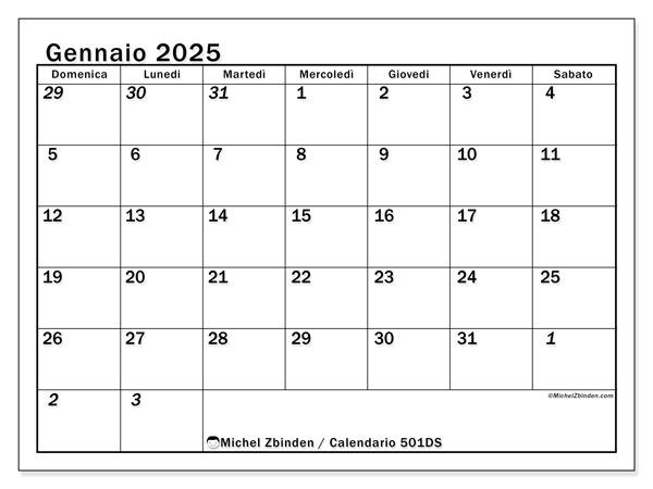 Calendario gennaio 2025 “501”. Programma da stampare gratuito.. Da domenica a sabato