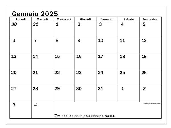 Calendario gennaio 2025 “501”. Programma da stampare gratuito.. Da lunedì a domenica