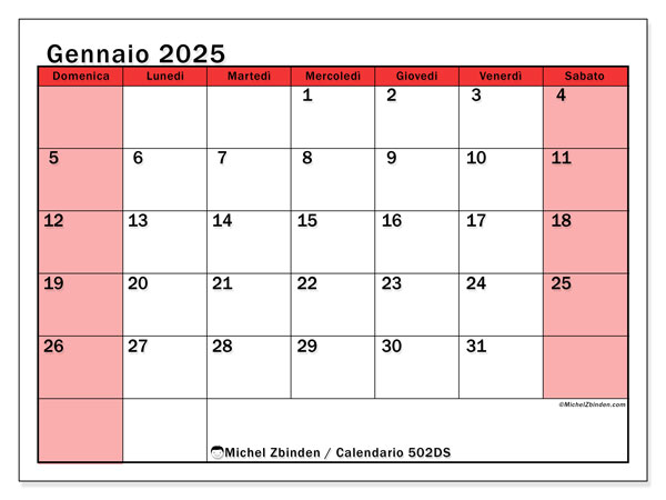 Calendario gennaio 2025 “502”. Programma da stampare gratuito.. Da domenica a sabato