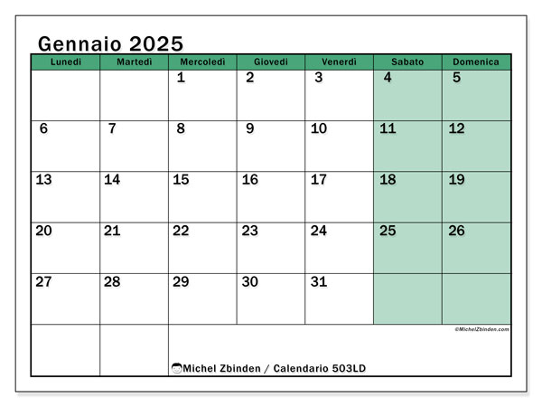 Calendario gennaio 2025 “503”. Programma da stampare gratuito.. Da lunedì a domenica