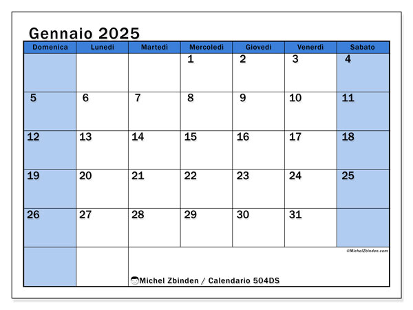 Calendario gennaio 2025 “504”. Piano da stampare gratuito.. Da domenica a sabato