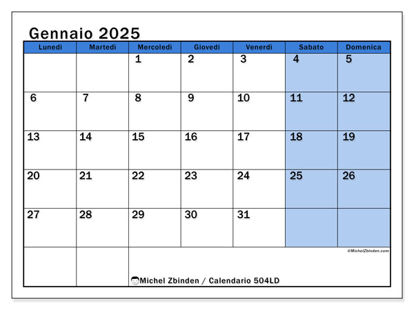 Calendario gennaio 2025 “504”. Piano da stampare gratuito.. Da lunedì a domenica