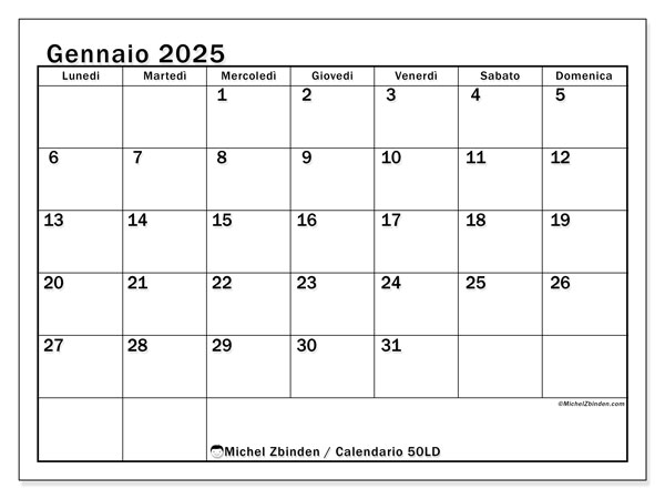 Calendario gennaio 2025, 50LD. Piano da stampare gratuito.