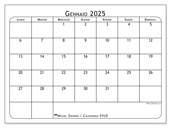 Calendario gennaio 2025 “51”. Orario da stampare gratuito.. Da lunedì a domenica