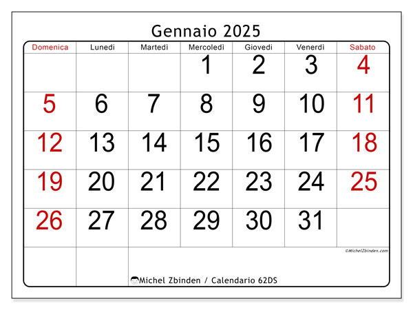 Calendario gennaio 2025, 62DS. Piano da stampare gratuito.