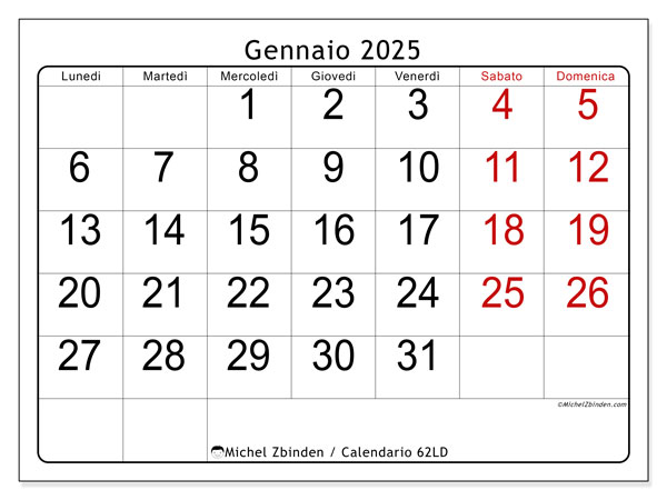 Calendario gennaio 2025 “62”. Orario da stampare gratuito.. Da lunedì a domenica