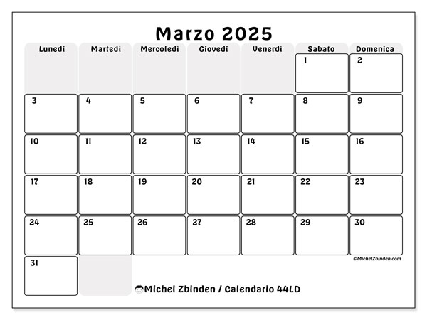 Calendario marzo 2025, 44LD. Orario da stampare gratuito.