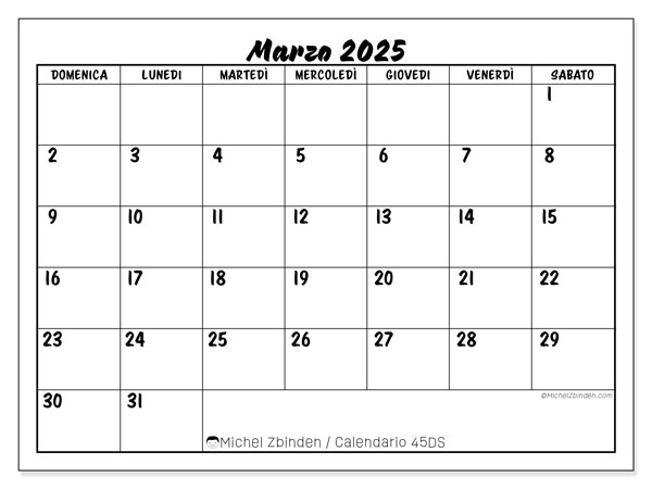 Calendario marzo 2025 “45”. Calendario da stampare gratuito.. Da domenica a sabato