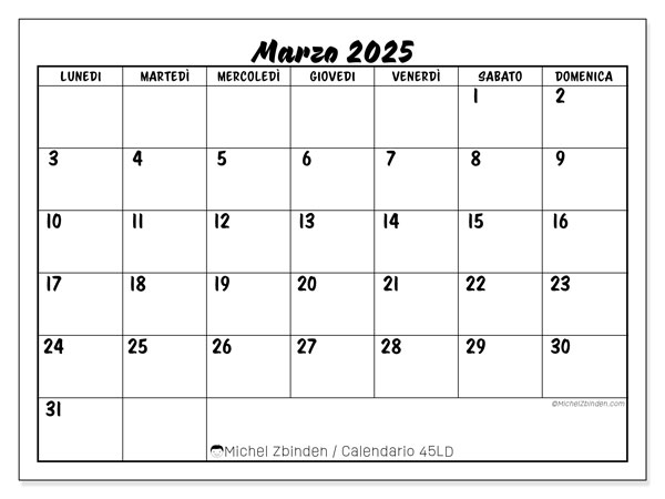 Calendario marzo 2025 “45”. Calendario da stampare gratuito.. Da lunedì a domenica