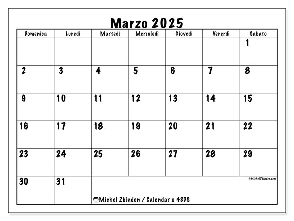 Calendario marzo 2025 “48”. Programma da stampare gratuito.. Da domenica a sabato