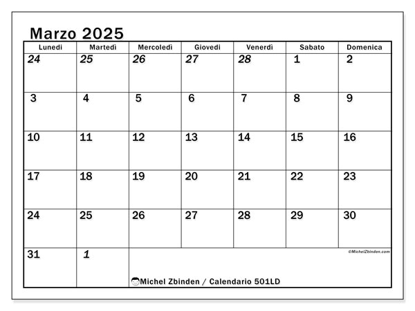 Calendario marzo 2025, 501LD. Orario da stampare gratuito.