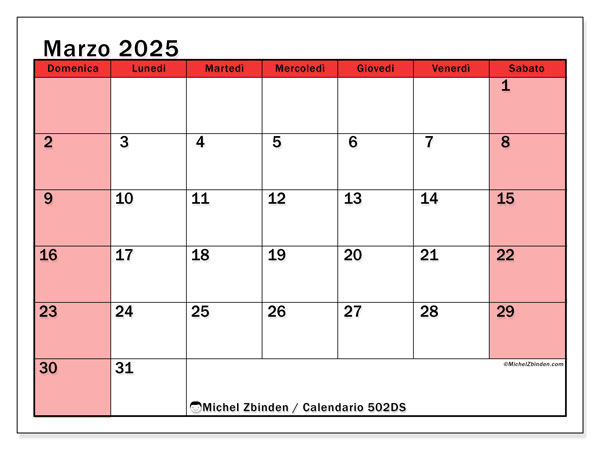 Calendario marzo 2025, 502DS. Orario da stampare gratuito.