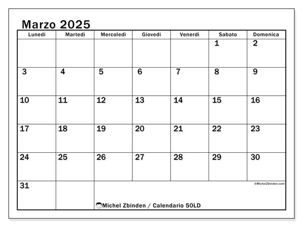 Calendario marzo 2025, 50LD. Orario da stampare gratuito.