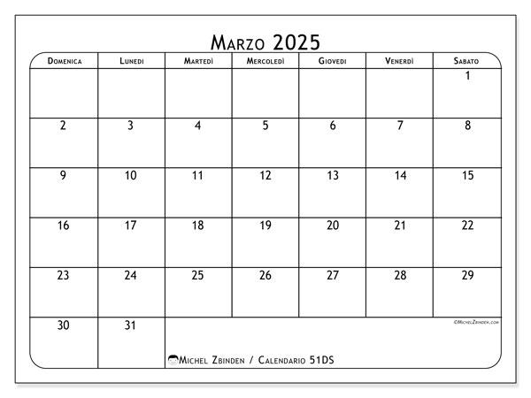 Calendario marzo 2025 “51”. Calendario da stampare gratuito.. Da domenica a sabato