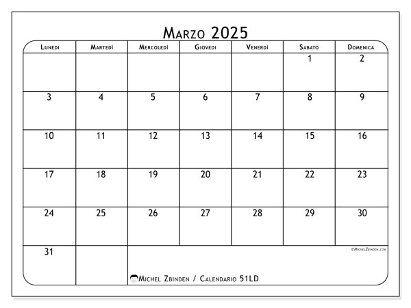 Calendario marzo 2025 “51”. Calendario da stampare gratuito.. Da lunedì a domenica