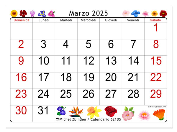 Calendario marzo 2025 “621”. Programma da stampare gratuito.. Da domenica a sabato