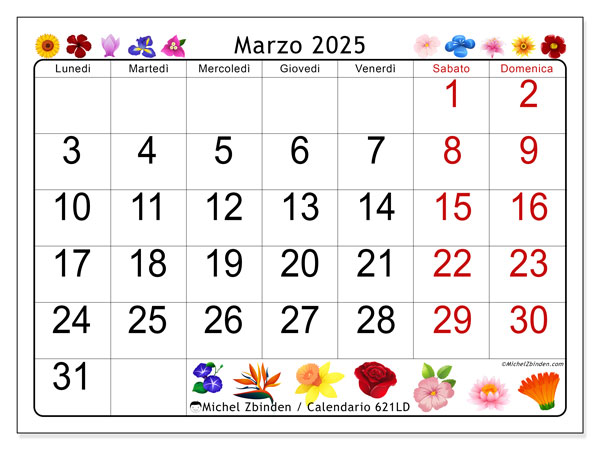Calendario marzo 2025 “621”. Programma da stampare gratuito.. Da lunedì a domenica
