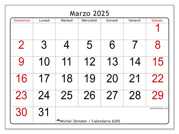 Calendario marzo 2025, 62DS. Orario da stampare gratuito.