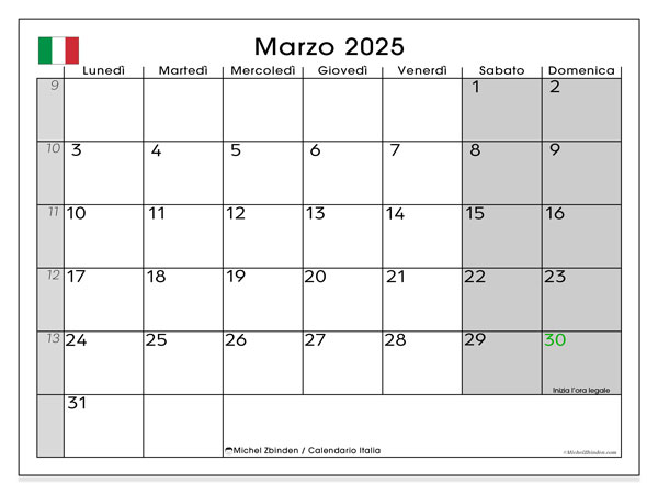 Kalender mars 2025, Italien (IT). Gratis karta som kan skrivas ut.