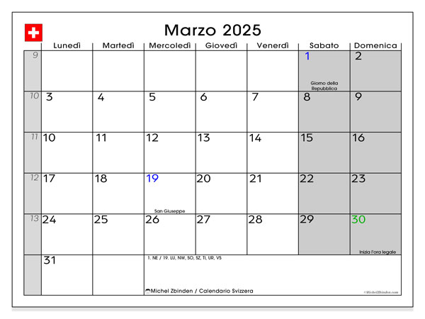 Kalender mars 2025, Schweiz (IT). Gratis karta som kan skrivas ut.