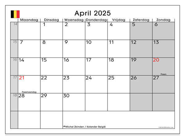 Kalender april 2025 “België”. Gratis af te drukken agenda.. Maandag tot zondag