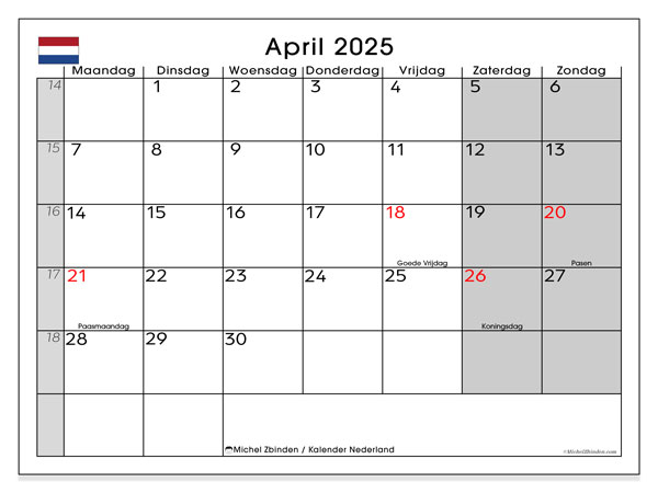 Kalender april 2025 “Nederland”. Gratis afdrukbare kalender.. Maandag tot zondag