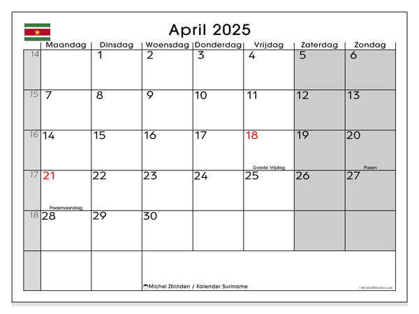 Kalender april 2025 “Suriname”. Gratis printbare kaart.. Maandag tot zondag