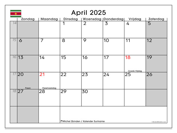 Kalender april 2025 “Suriname”. Gratis printbare kaart.. Zondag tot zaterdag