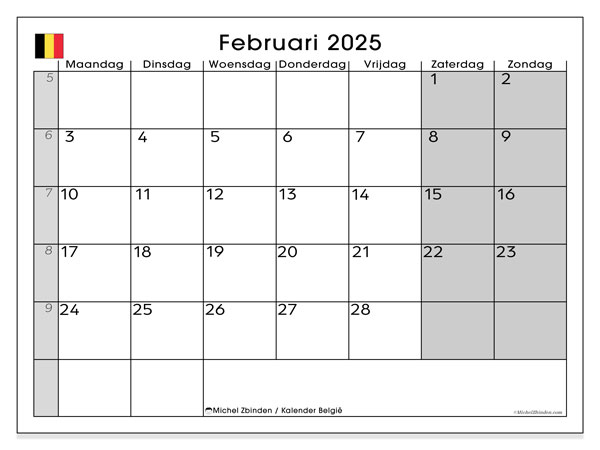 Kalender Februar 2025, Belgien (NL). Kalender zum Ausdrucken kostenlos.