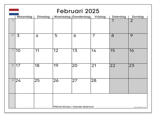 Kalender Februar 2025, Niederlande (NL). Kalender zum Ausdrucken kostenlos.