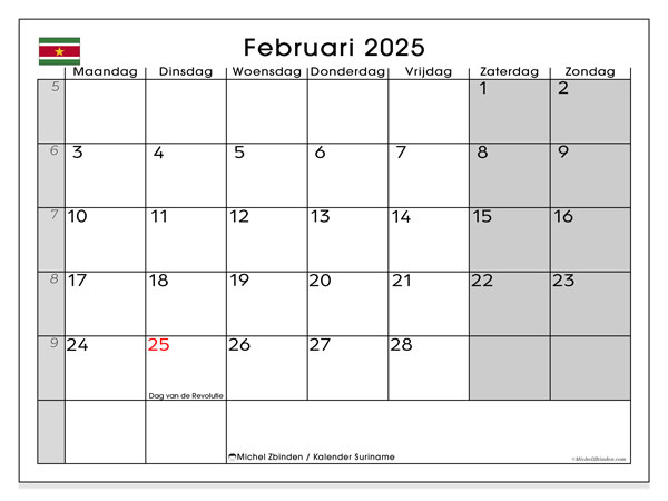 Kalender februari 2025 “Suriname”. Gratis printbare kaart.. Maandag tot zondag